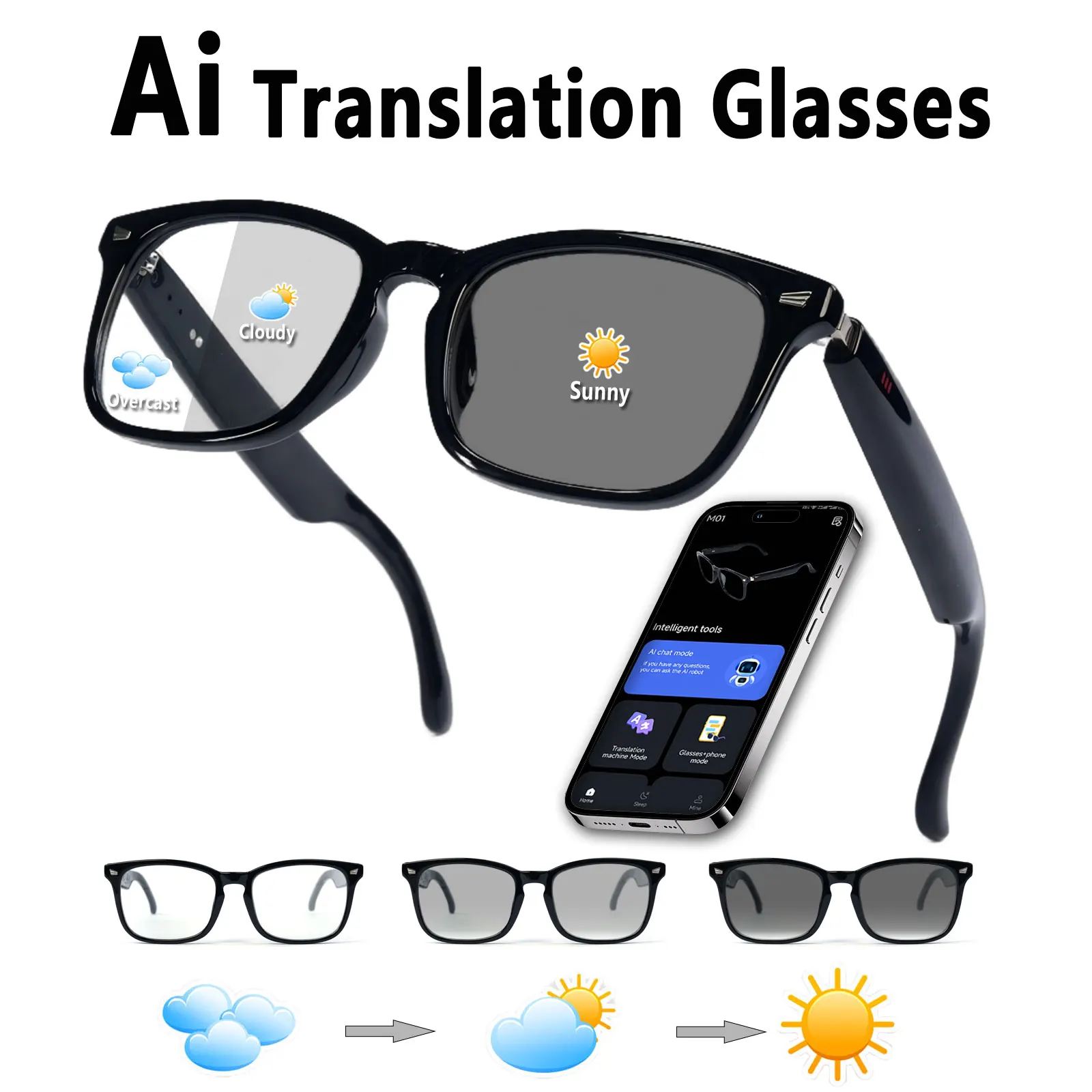 Smart glasses, app translation, color-changing lenses, high-definition voice calls, Hi-Fi music quality, open-ear audio glasses